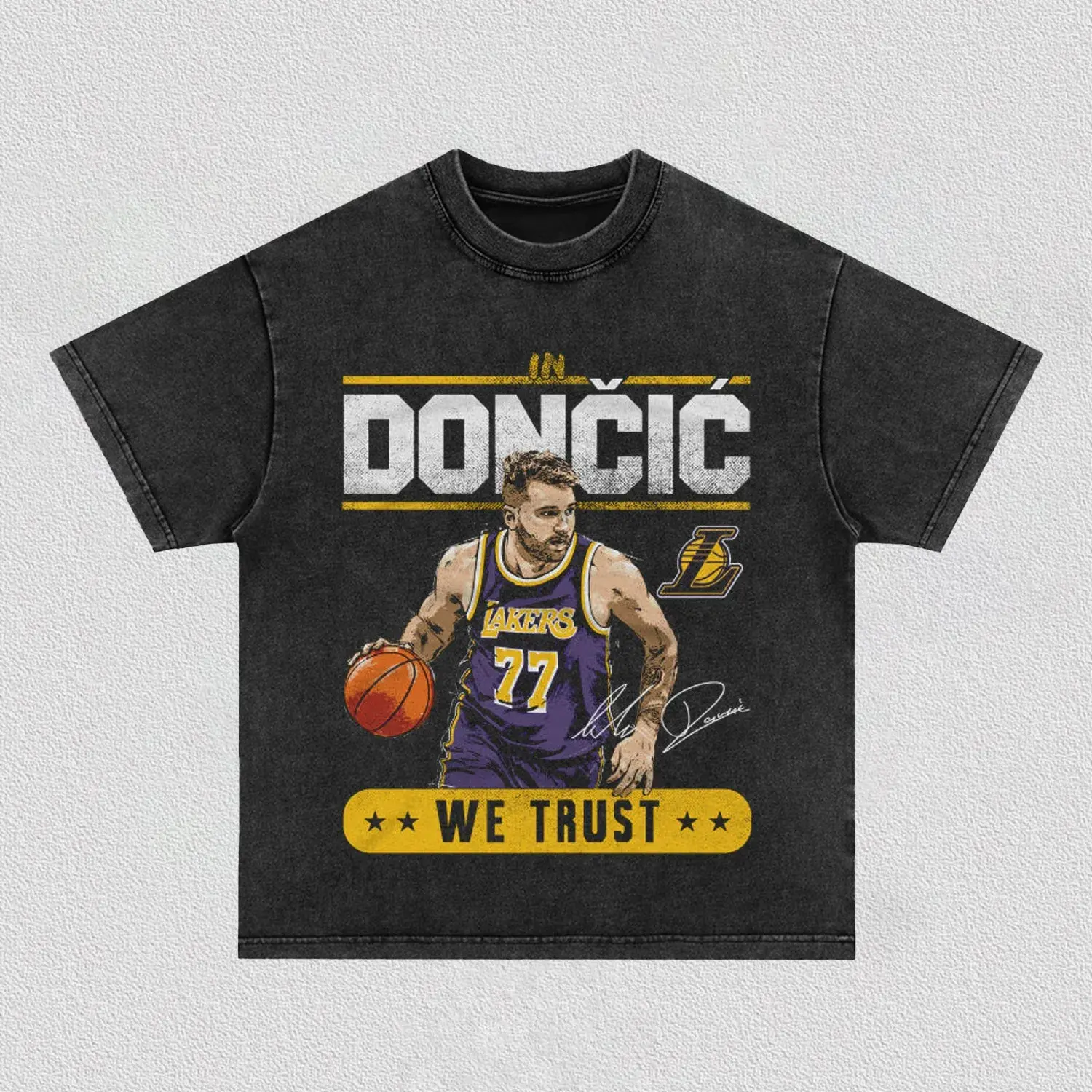 Old School Faded Washed Texture Bootleg Graphic Luka Doncic Lakers Number 77 Portrait Bold Letter Print Box Fit Unisex Black Basketball Casual Street Tee
