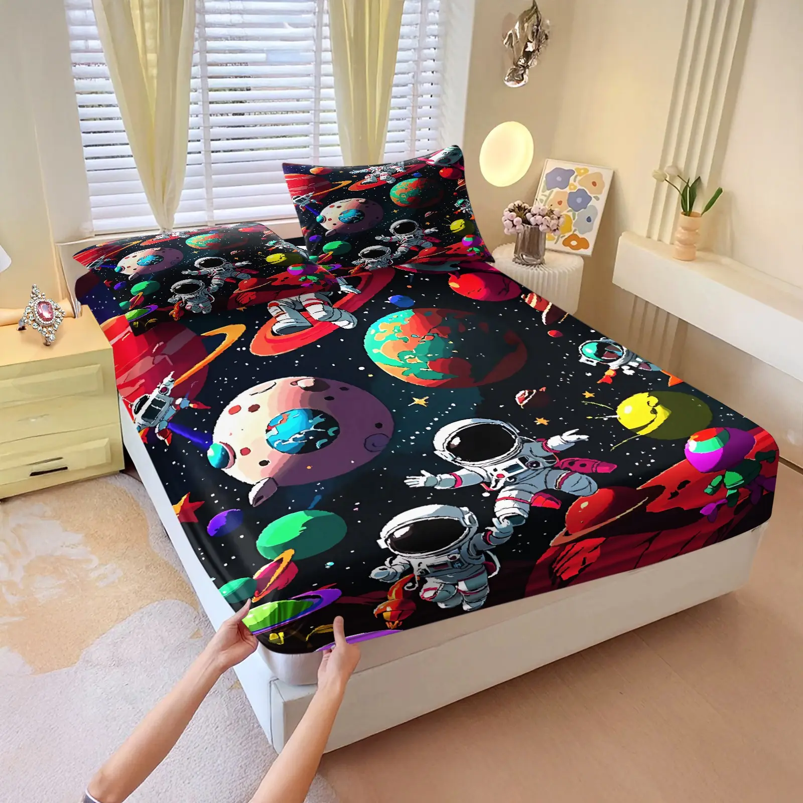 3Pcs Astronaut Outer Space Printed Fitted Sheet Set, Vibrant Galaxy Planet Bedding Set, Soft Microfiber Bedspreads 1 fitted sheet + 2 pillowcases (pillow inserts not included), soft deep pocket design. for Kids Bedroom Decor