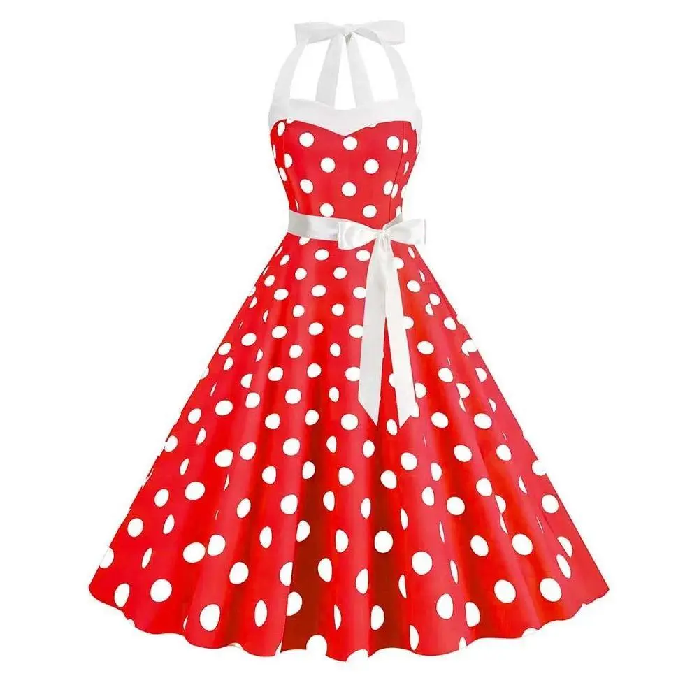 Women Summer Party Dress With Belt Polka Dot Print Halter Hepburn Robe 50s 60s Vintage Dresses