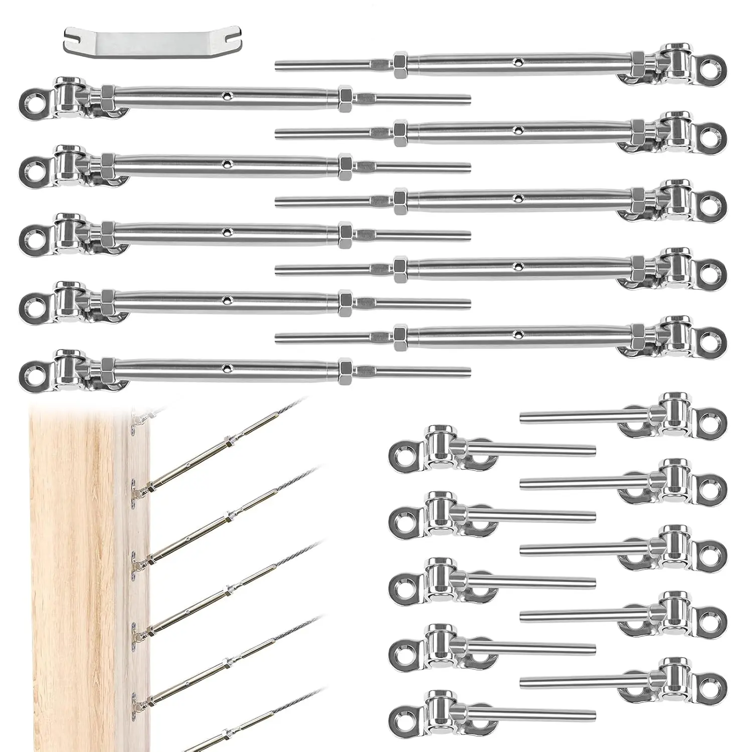 Wire rope railing hardware knob-type tensioner CK07| 1/ 8inch Steel Cable Railing Hardware Kit, suitable for wooden posts, includes 10 tensioners and 10 fixed ends, adjustable for multiple angles and lengths