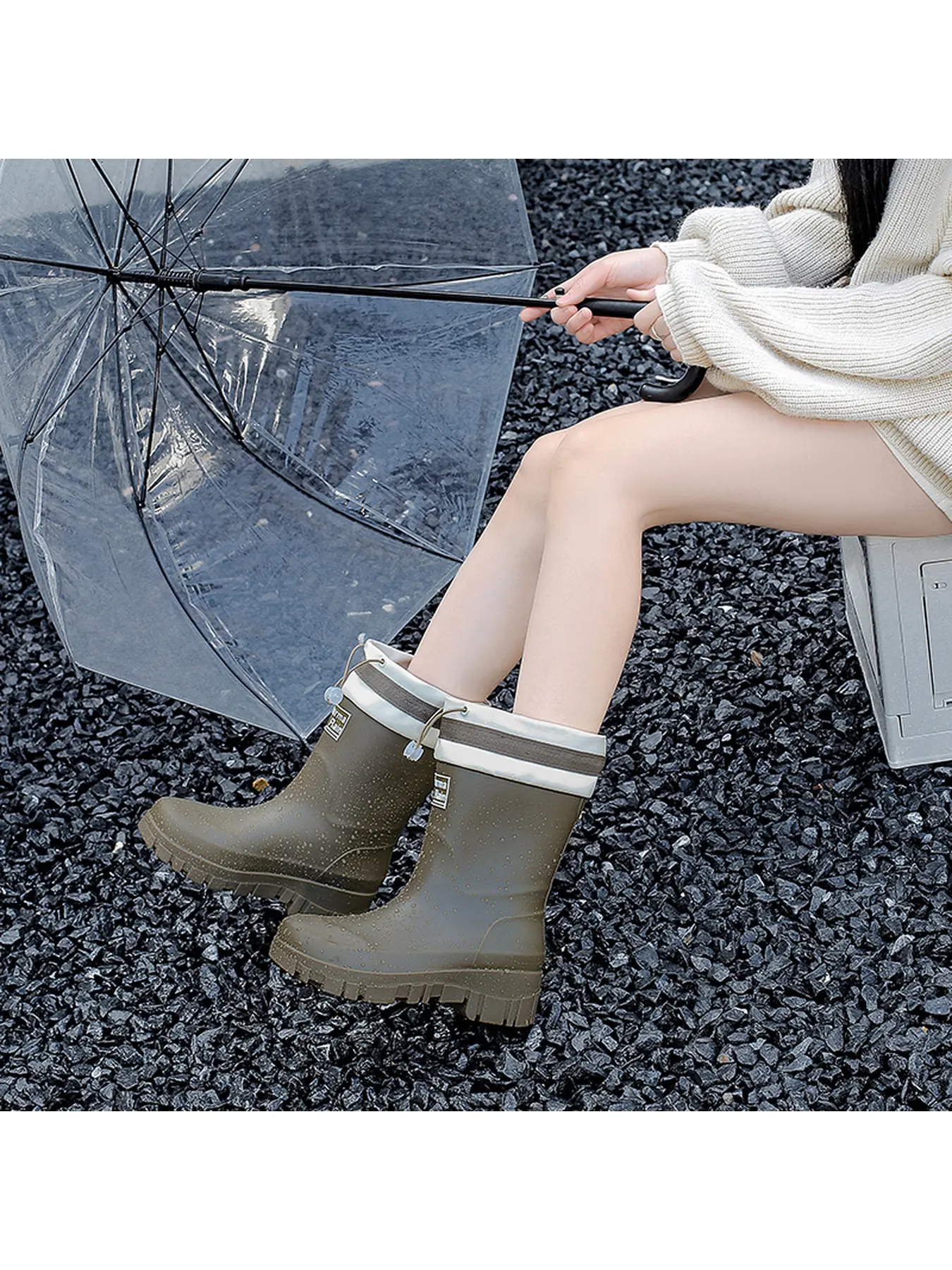 Women's waterproof mid-calf rain boots with drawstring cuffs, chunky heel, non-slip thick sole, lightweight rain shoes, suitable for gardening, hiking, and commuting.