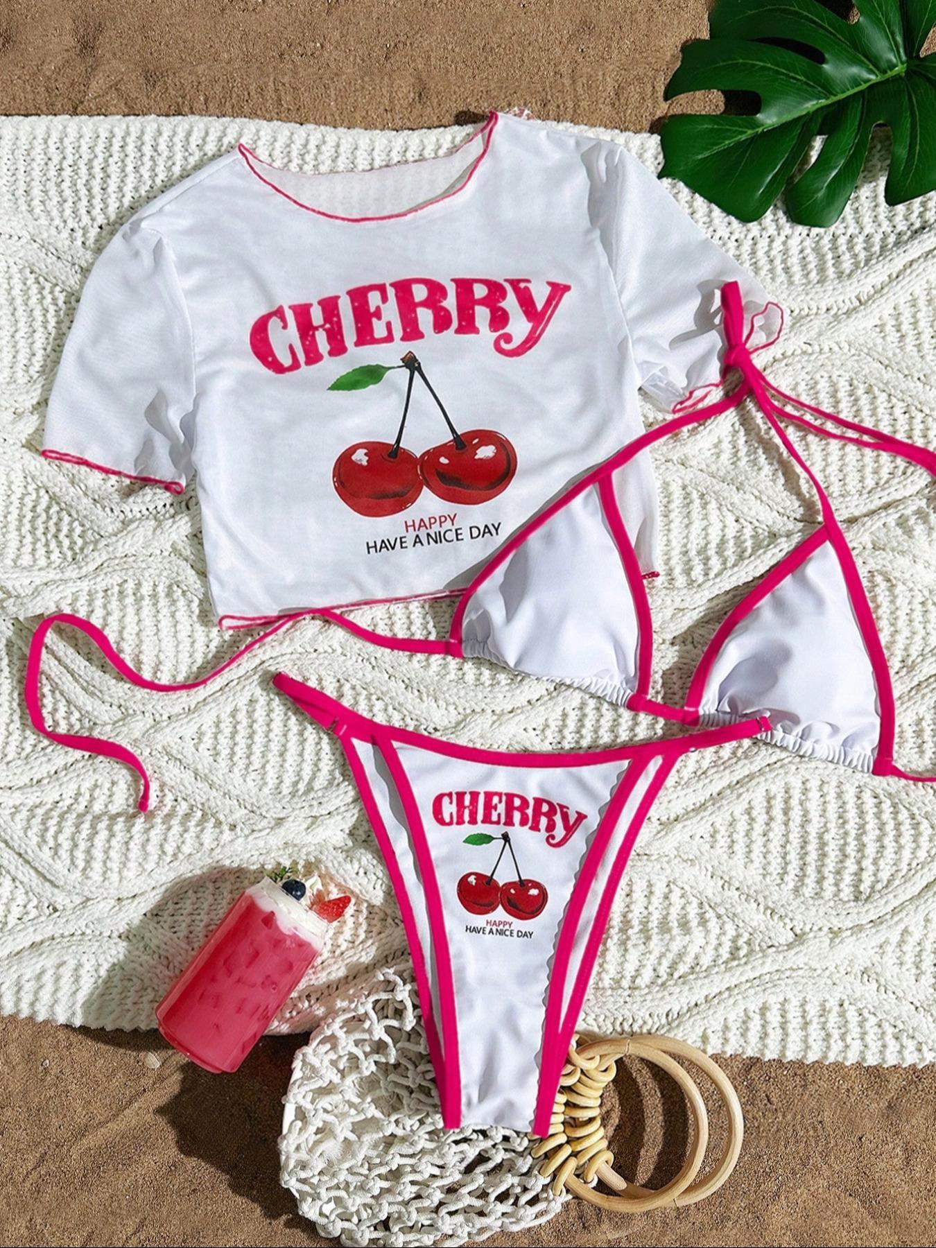 Women's Bikini Set Swimsuit Three-Piece Cherry Letter Print Mesh Chiffon Cover-Up, Perfect Summer Beachwear, Casual Fitted Style, All Seasons
