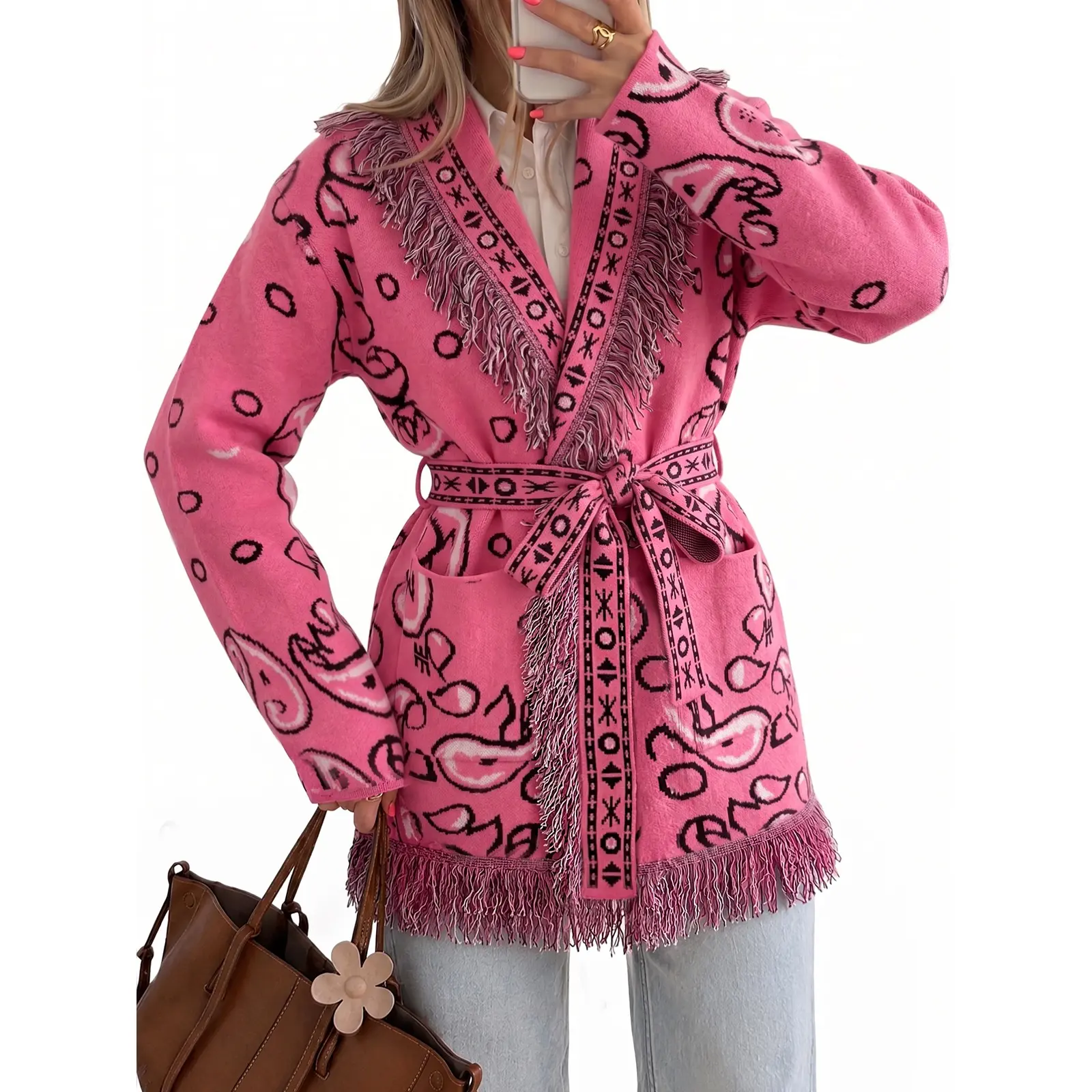 Tankaneo Women Bohemian Sweater, Long Sleeve Open Front Aztec Tribal Print Cardigan with Tassel Fringe, Fall Fashion Boho Kimono, Ribbed Knit