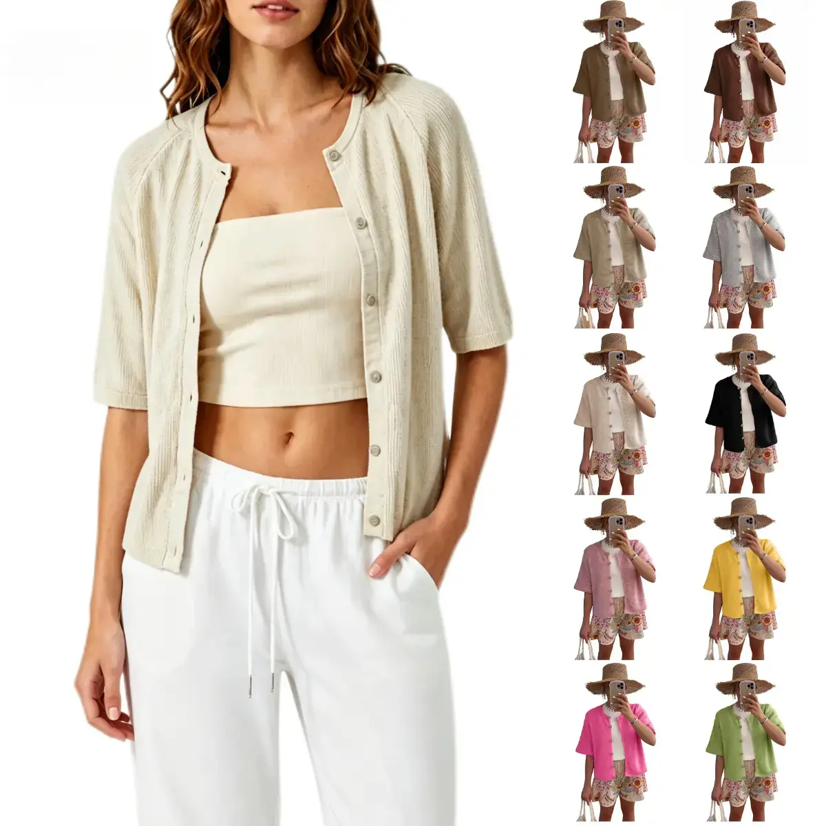 Women's Short Sleeve Cardigan Knit Sweater Top with Crew Neck Button Down Soft Knitting Fabric and Lightweight Breathable Shrug Design for Casual Work Office Cover Up Versatile Spring Summer Outfits Layering Everyday Basics Vacation Knitwear