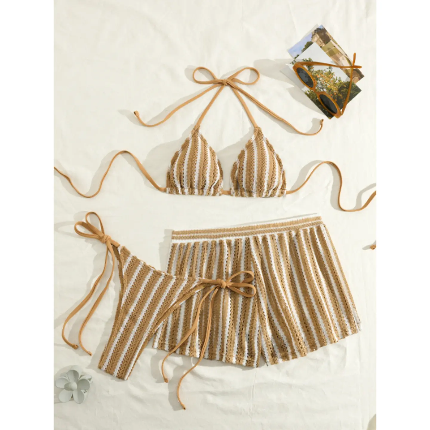 Bohemian Striped 3 Piece Bikini Set, Quick-Dry Female Swimwear with Chest Pad - Boho Fit Poolside Wear for Water Sports, Polyester Clothes, Standard Sizes