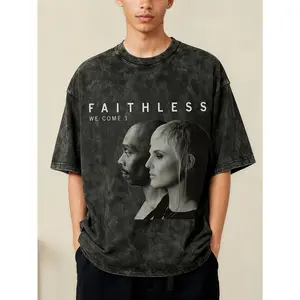 Promotional Image for The Single "We Come 2.54cm by Faithless, Featuring Key Text "FAITHLESS" And "WE COME 2.54cm. The Band Members Are Represented in a Side Profile Black And White Portrait Print on a Washed T-Shirt, Suitable for All Seasons