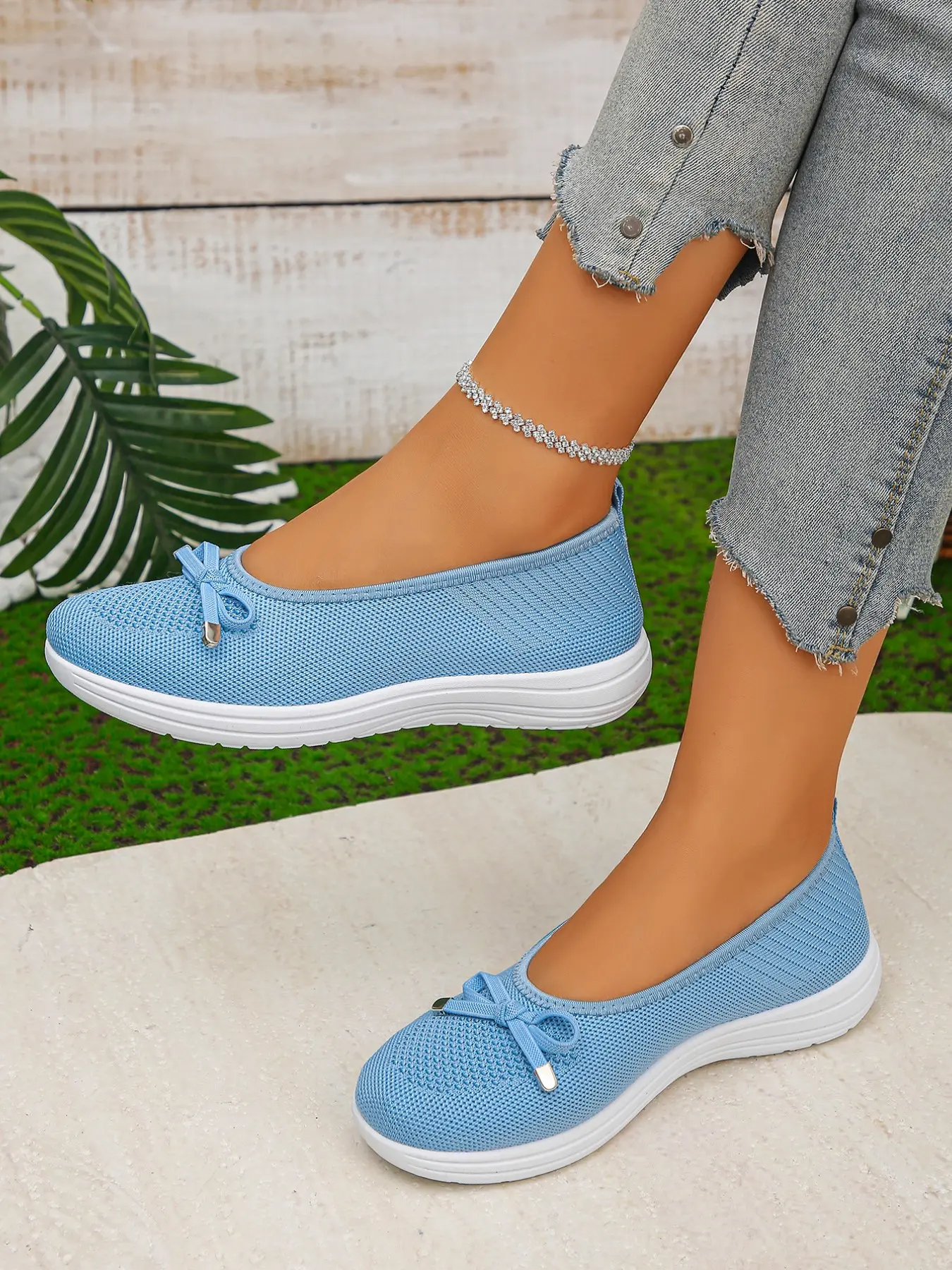 Women's Bow Decor Knit Slip On Platform Walking Shoes, Light Shock Absorbing Non-Slip Casual Loafers with Rear Pull Tab for Daily Shopping Outdoor Walking & Summer Casual Outfits, Bowknot Loafers