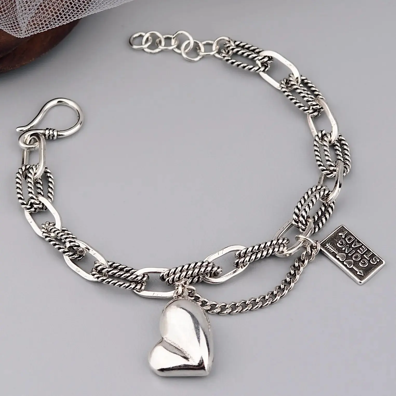 Designed, personalized, retro, asymmetrical, love bracelet for women, ring buckle, engraved square plate, simple and fashionable Thai silver hand jewelry