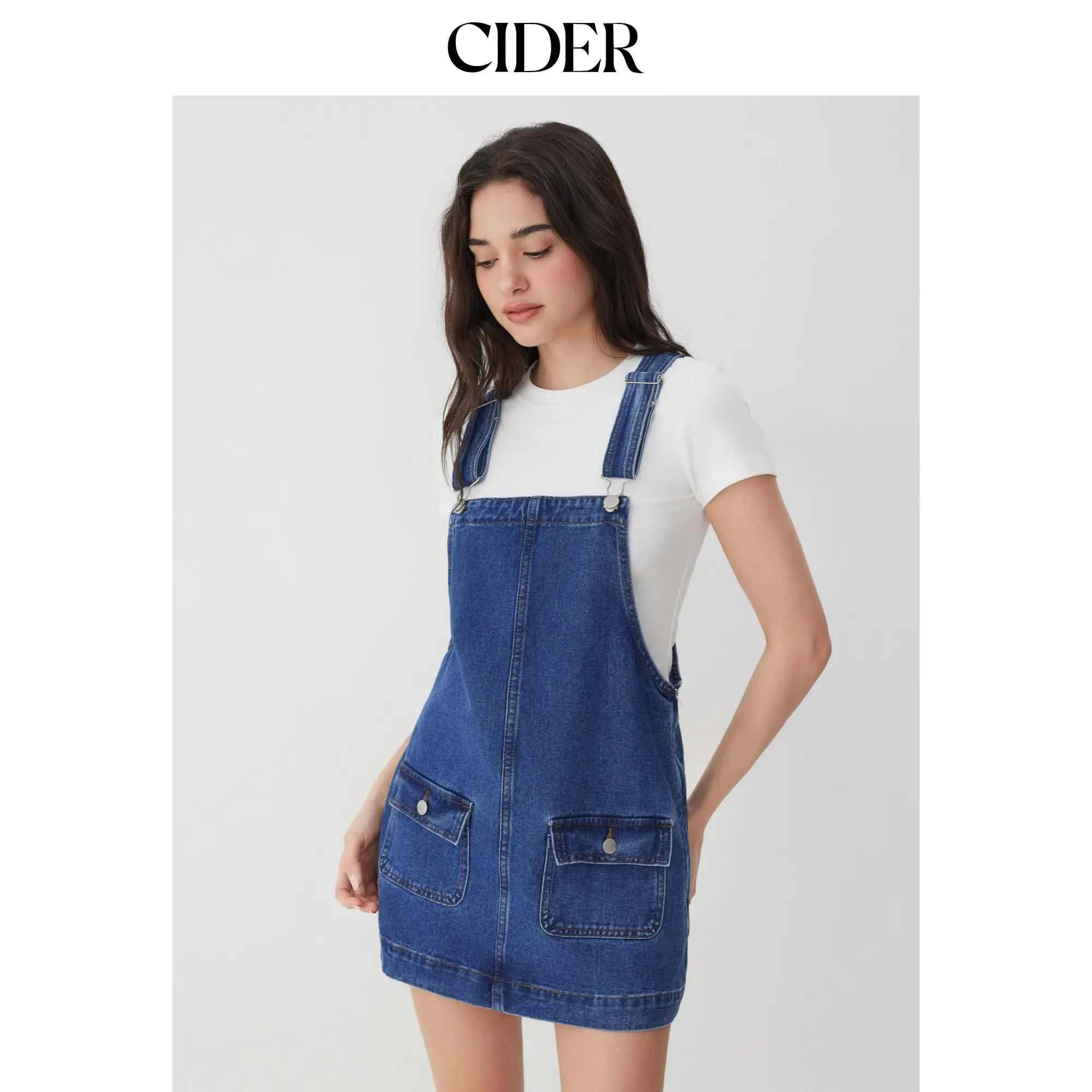 Cider Denim Oversized A-line Pinafore Dress With Metal Detail SohoChic
