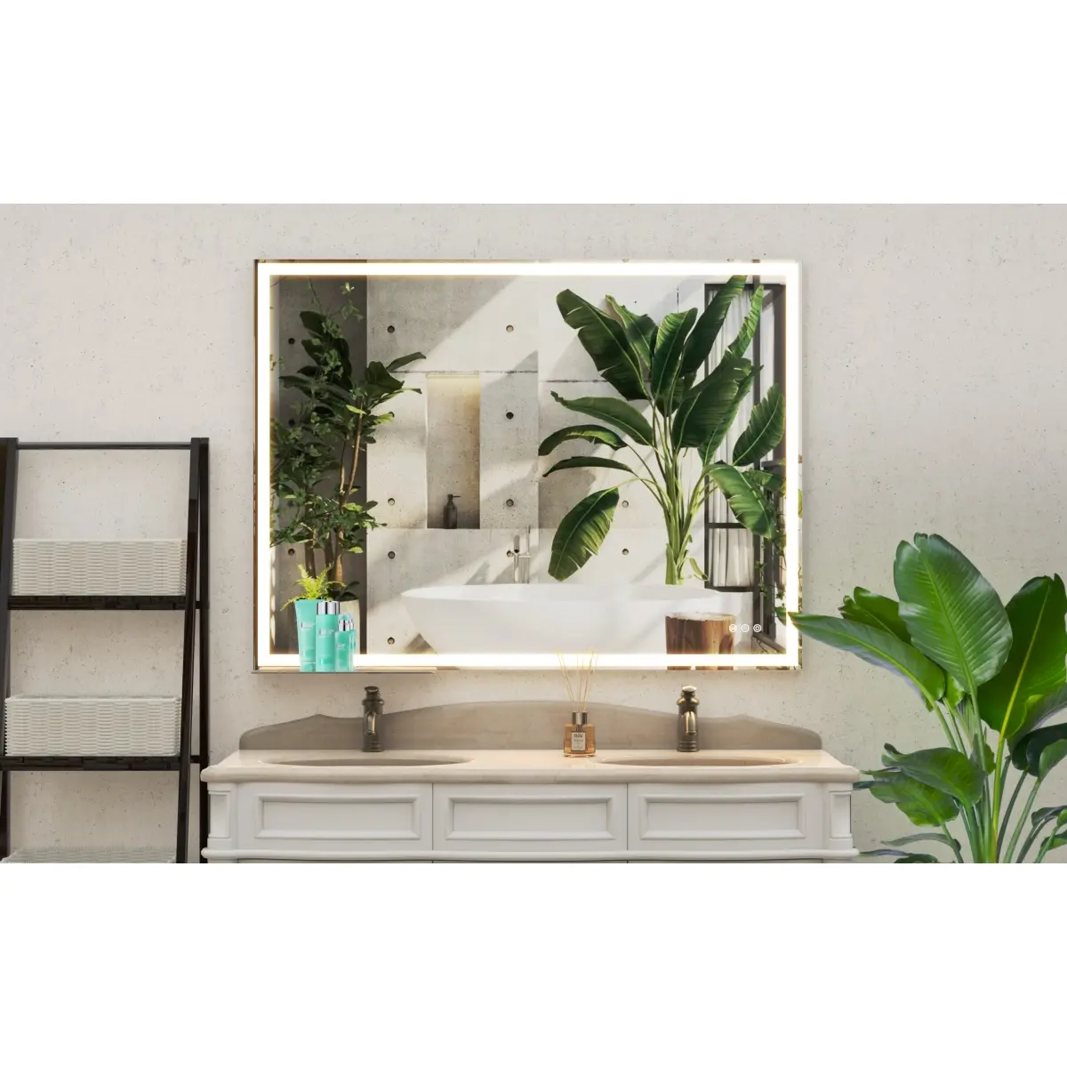 Rectangular 48x36 in Aluminium LED Bathroom Vanity Mirror with LED Strip, Wall-Mounted, Adjustable White/Warm/Natural Lights, Anti-Fog Touch Switch, Memory Function, Modern Smart Indoor Mirror for Households, Touch Controls