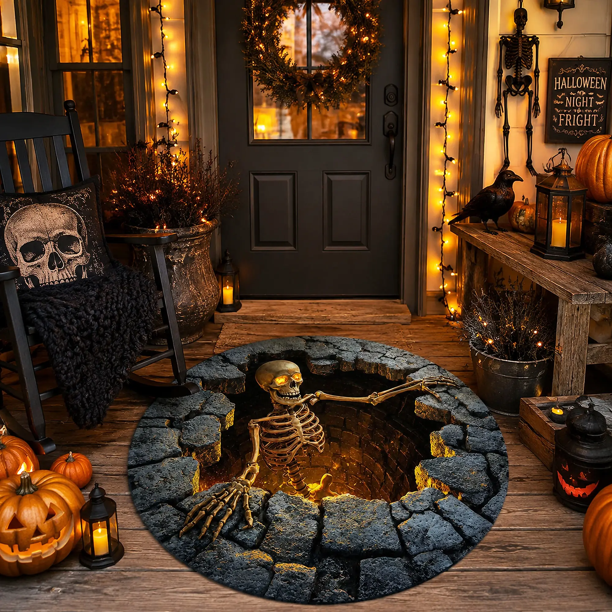 Halloween Round Rug 3D Skeleton Vortex Quilted Illusion Mat,Soft non-slip fabric indoor round decor, Perfect for living room, kitchen or bathroom, Features a spooky depth pattern