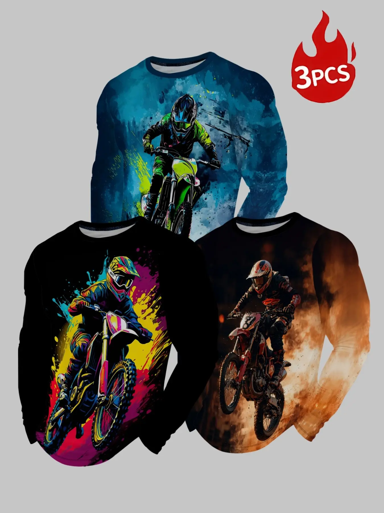 3 Pcs Men Motocross Graphic Long Sleeve Shirts, Dirt Bike Rider Splash Art Print Casual Tops, Motorcycle Style Pullover Long Sleeve Tee Set For Outdoor.