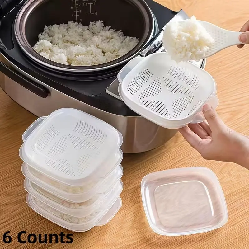 6 Counts Frozen rice container, sealed and leak proof with detachable drain basket, suitable for fruit, vegetable, rice preservation box, microwave heating, portable food packaging box for outdoor use, kitchen utensils