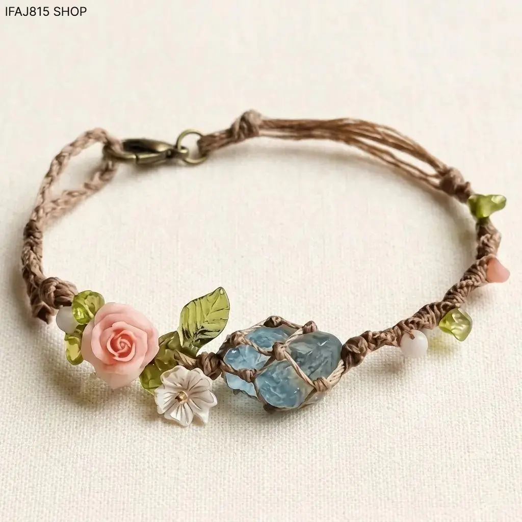 Women's Handmade Fairycore Adjustable Braided Cord Bracelet - Raw Blue Stone, Pink Rose Charm, Lead-Free Eco-Friendly Cottagecore Whimsigothic Alt-Style Jewelry Gift, Adjustable Charms Bracelets & Bangles, Wearable Art