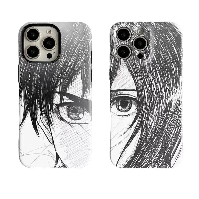 Anime hot Attack on Titan Eren & Mikasa Sketch Style Couple Phone Case  for iPhone 17, 16, 15, 14, 13, 12, 11 Pro Air Plus ProMax and Samsung S26-S23 Plus shock-absorbing phone cases, vintage tough phone case first choice fashionable gift.