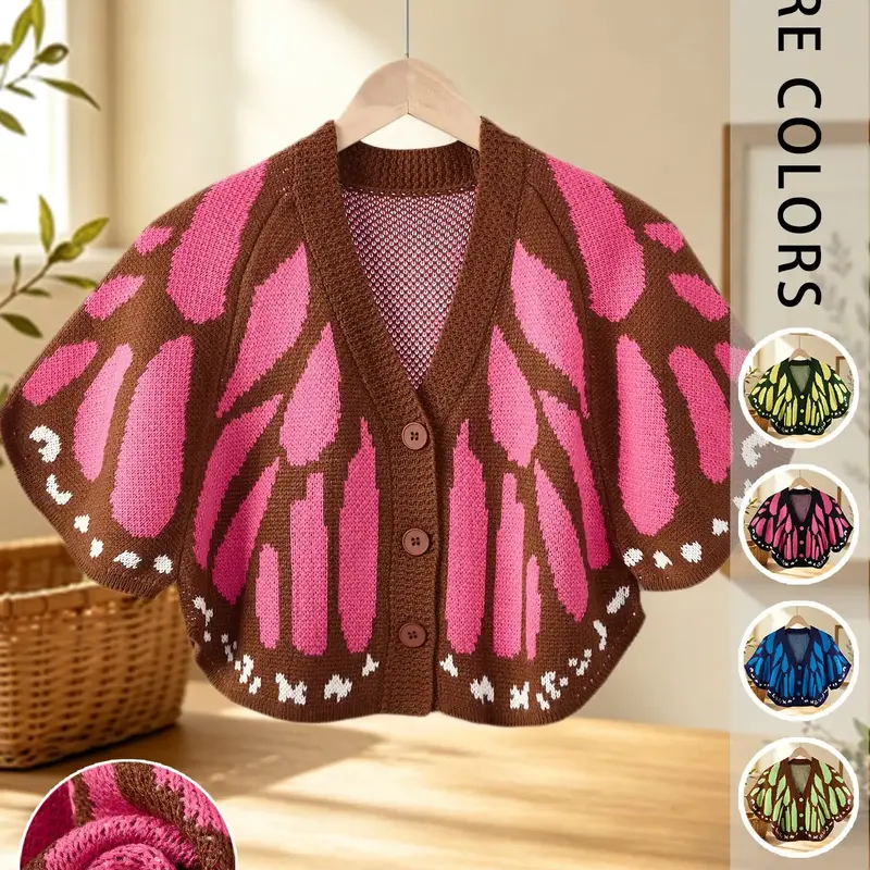 Women's Butterfly Wings Knit Cardigan, Autumn V-Neck Button Fashion Casual Sweater, Stylish and Comfortable Outerwear for Daily Wear Button Cardigans
