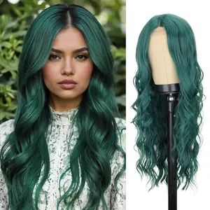 Long Dark Green Wavy Wigs for Women  Looking Synthetic Heat Resistant Fiber Wig for Daily Party  Use