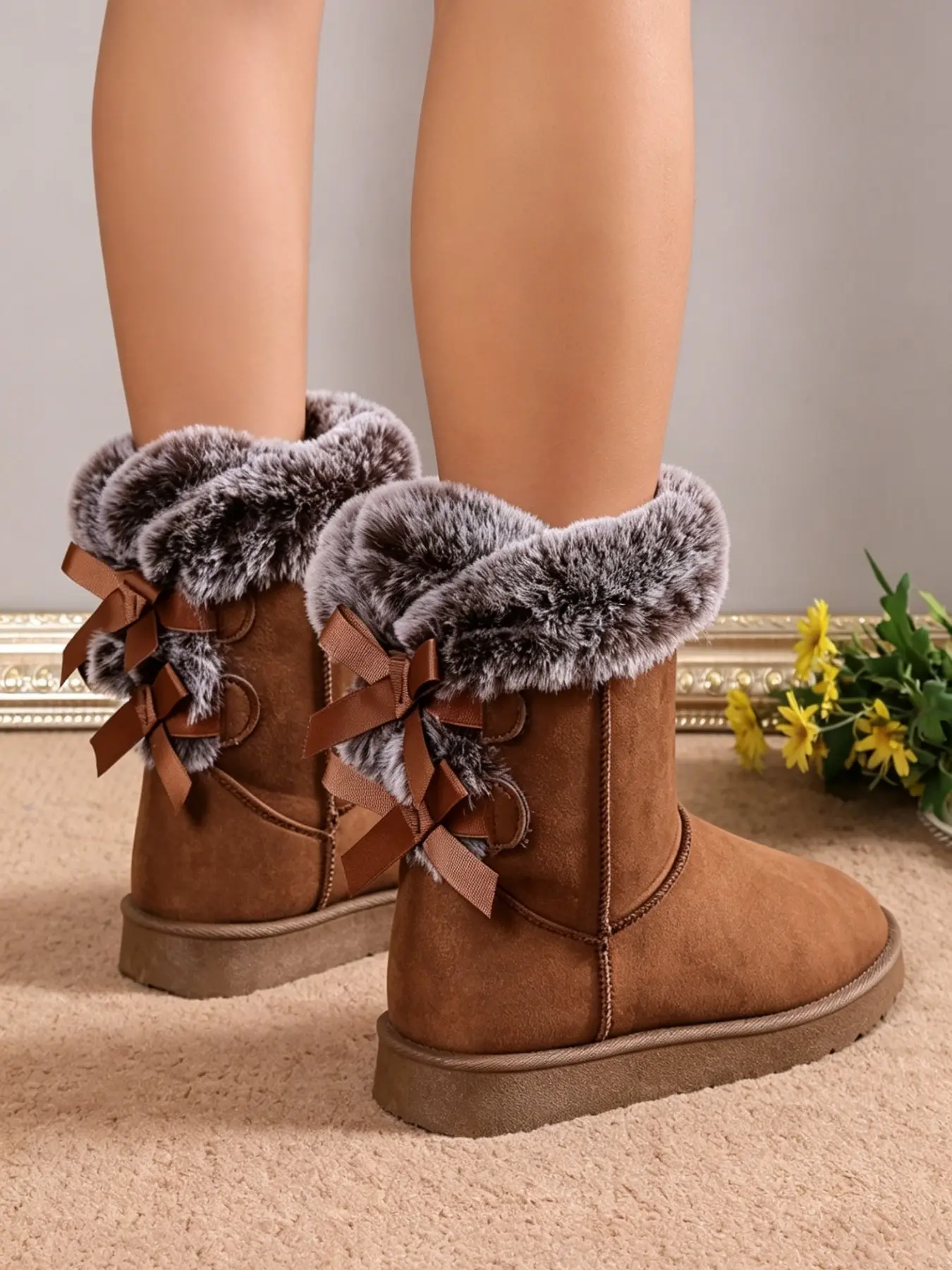 Women Fuzzy Faux Fur Trim Mid Calf Snow Boots, Suede Warm Fully Lined Winter Ankle Boots, Non Slip Sole, Cute Back Bow Decor, Footwear