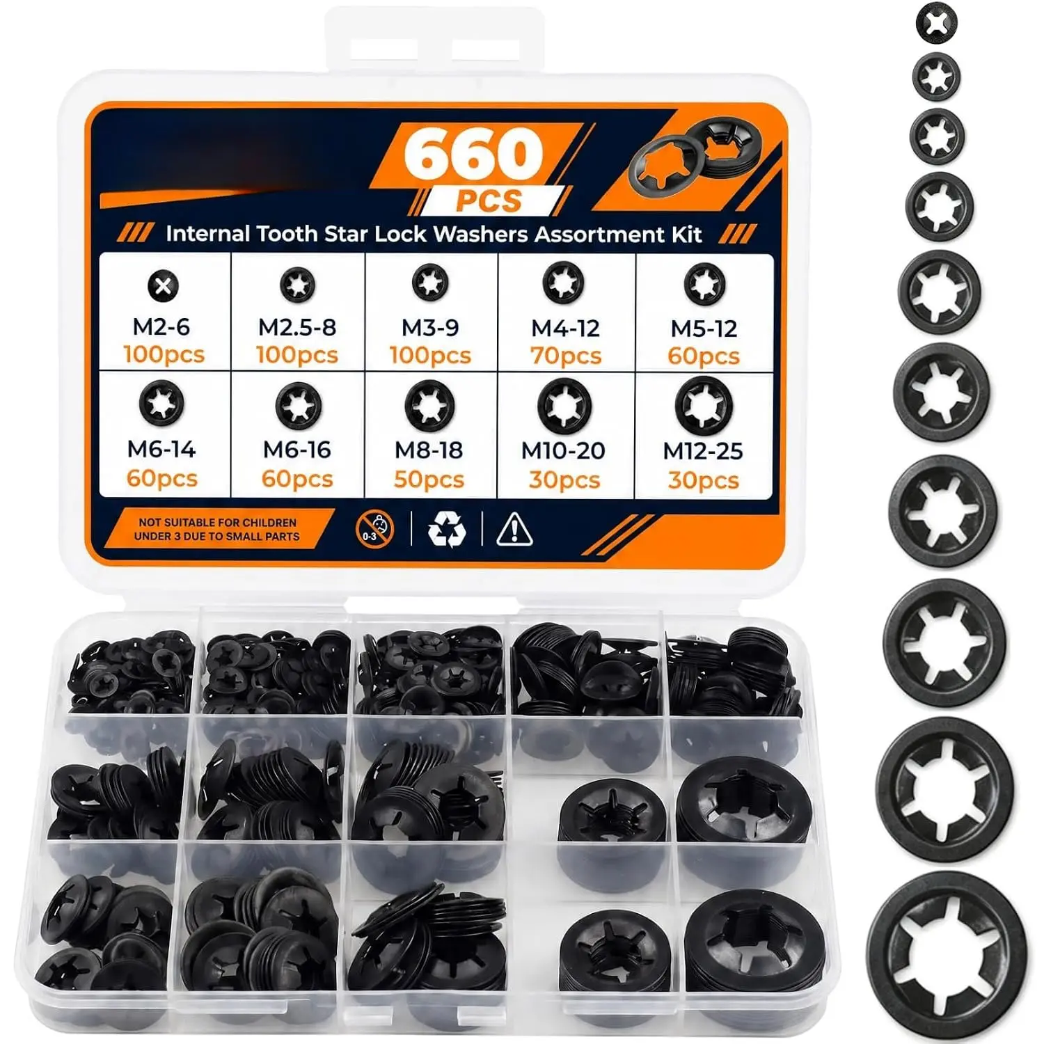 660 count Internal   Lock Washer  Kit - 10 Sizes M2 M2.5 M3 M4 M5 M6 M8 M10 M12, 65Mn Steel Black Oxide Speed Locking Washers, Starlock Washers for Unthreaded Shafts