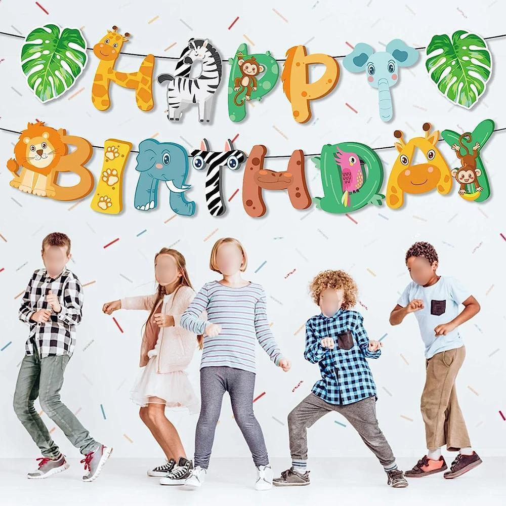 Safari Animals Happy Birthday Banner Pennant Foil Animal Balloons for Kids Jungle Safari Zoo Theme Party Decoration Supplies Toy