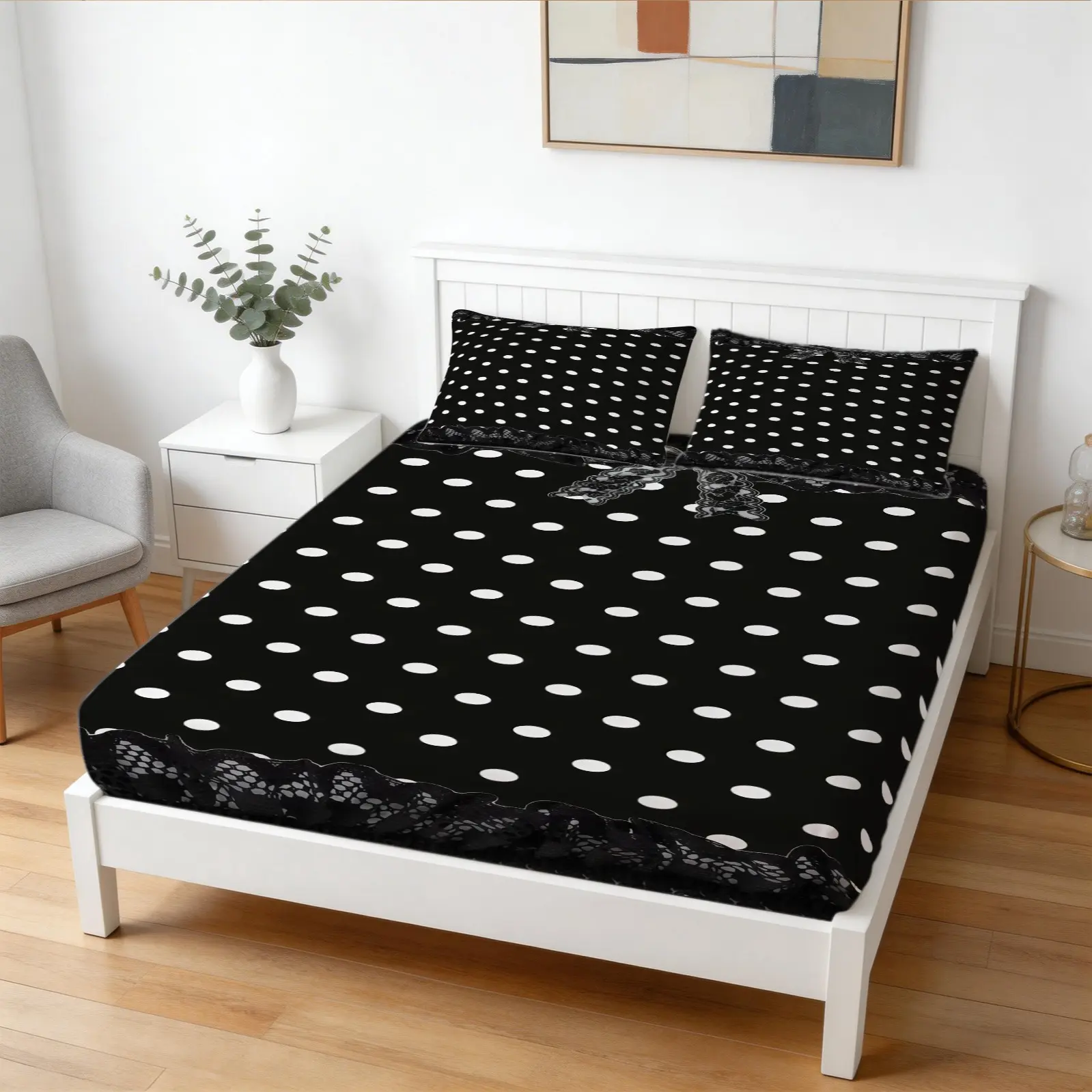 3-Piece Lace Polka Dot Pattern Fitted Sheet Set, Soft And Comfortable Bedding Set (1 Sheet + 2 Pillowcases, No Pillow Core), Suitable For Teenagers And Adults, Guest Rooms, Dormitories, And Master Bedroom Scenarios