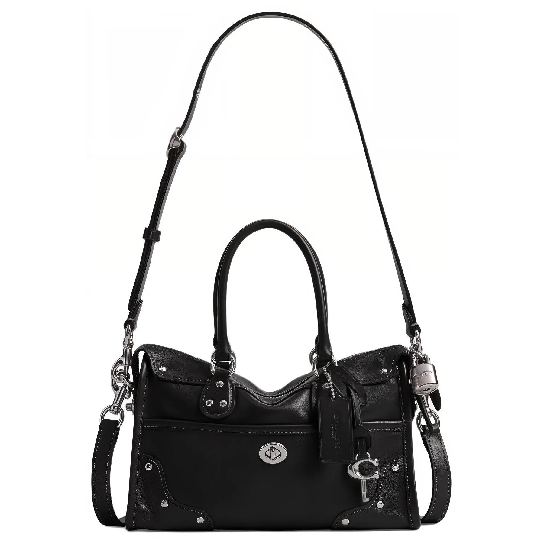 COACH Rhyder 24 Crossbody and Top-Handle Bag for Women, Rivet-Embellished Silver Lock, Waxed Leather, Black