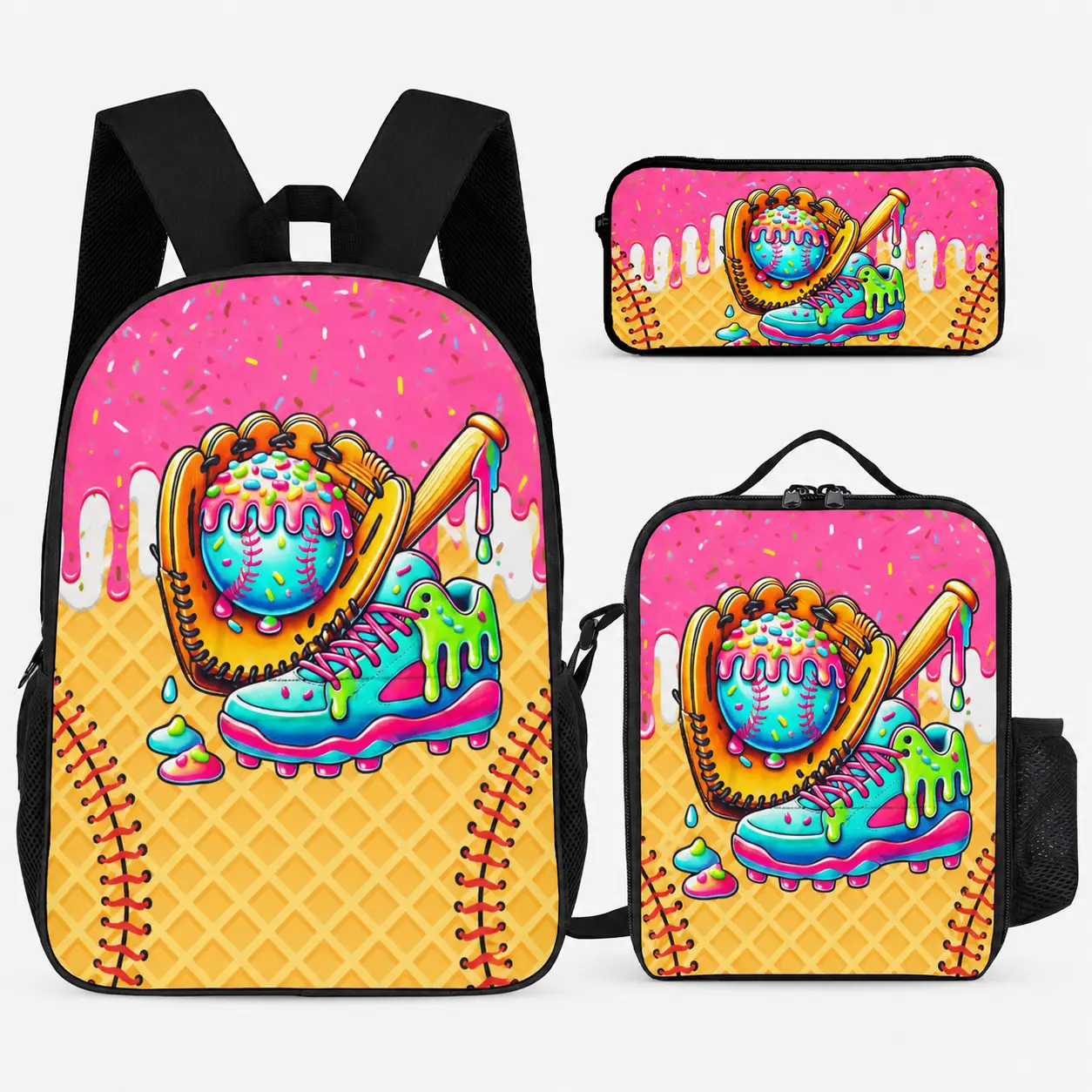 Baseball Backpack 3 Set, Unisex Youth School Bag, Ice Cream Drip Backpack Lunch Bag Pencil Case, Back to School Gift, Baseball Lover Backpack Set