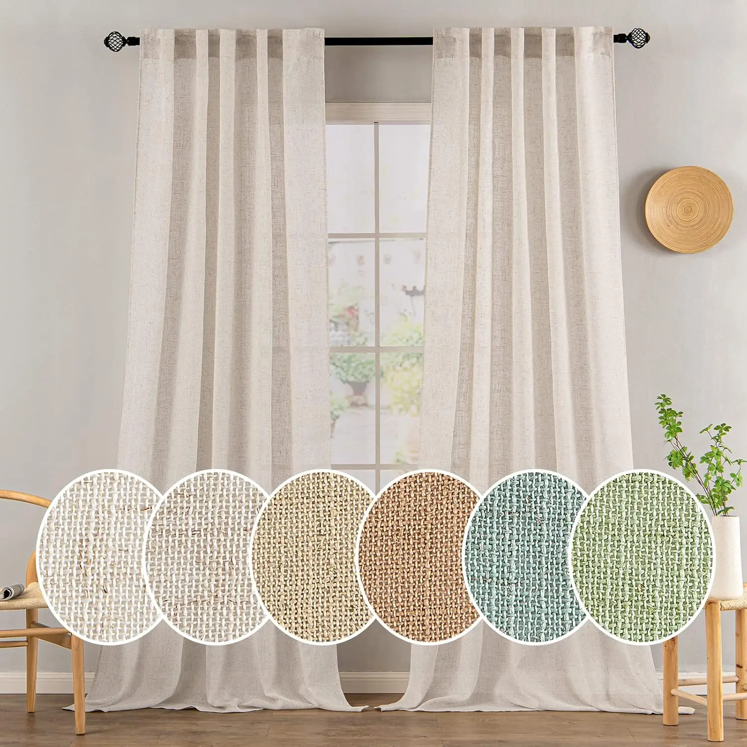 Natural White 2-Panel Curtains (52x90 in) for Bedroom Decor, Linen Blend Solid Weave Indoor Drapes, Soft Thick Textured, Semi Sheer Light Filtering, Rod Back Tab, Farmhouse Ivory, Privacy Added