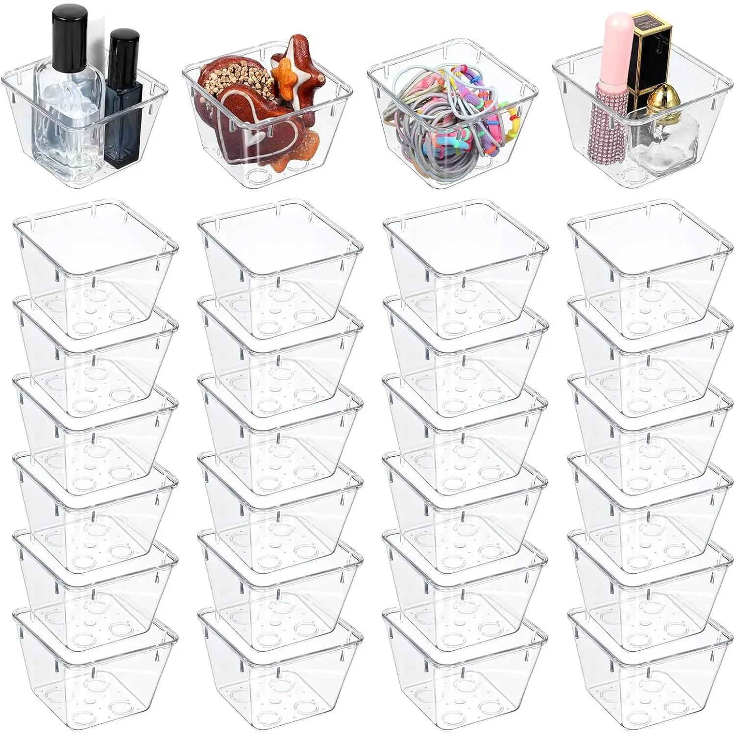 24 count Clear Drawer Organizers 3" x 3" x 2" Stackable Small Makeup  Storage Bins Small Desk Drawer Organization Clear Container Dividers for Makeup  Office Bathroom Kitchen Utensil