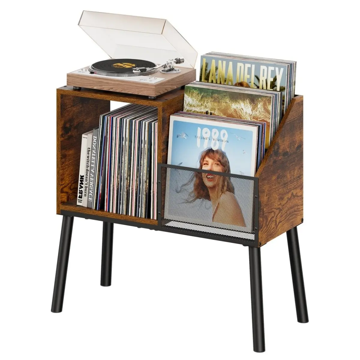Vintage Wood Grain Iron Record Player Storage Cabinet, Dual Zone Storage with Grid Front Panel, Large Capacity Lp Collection Shelf