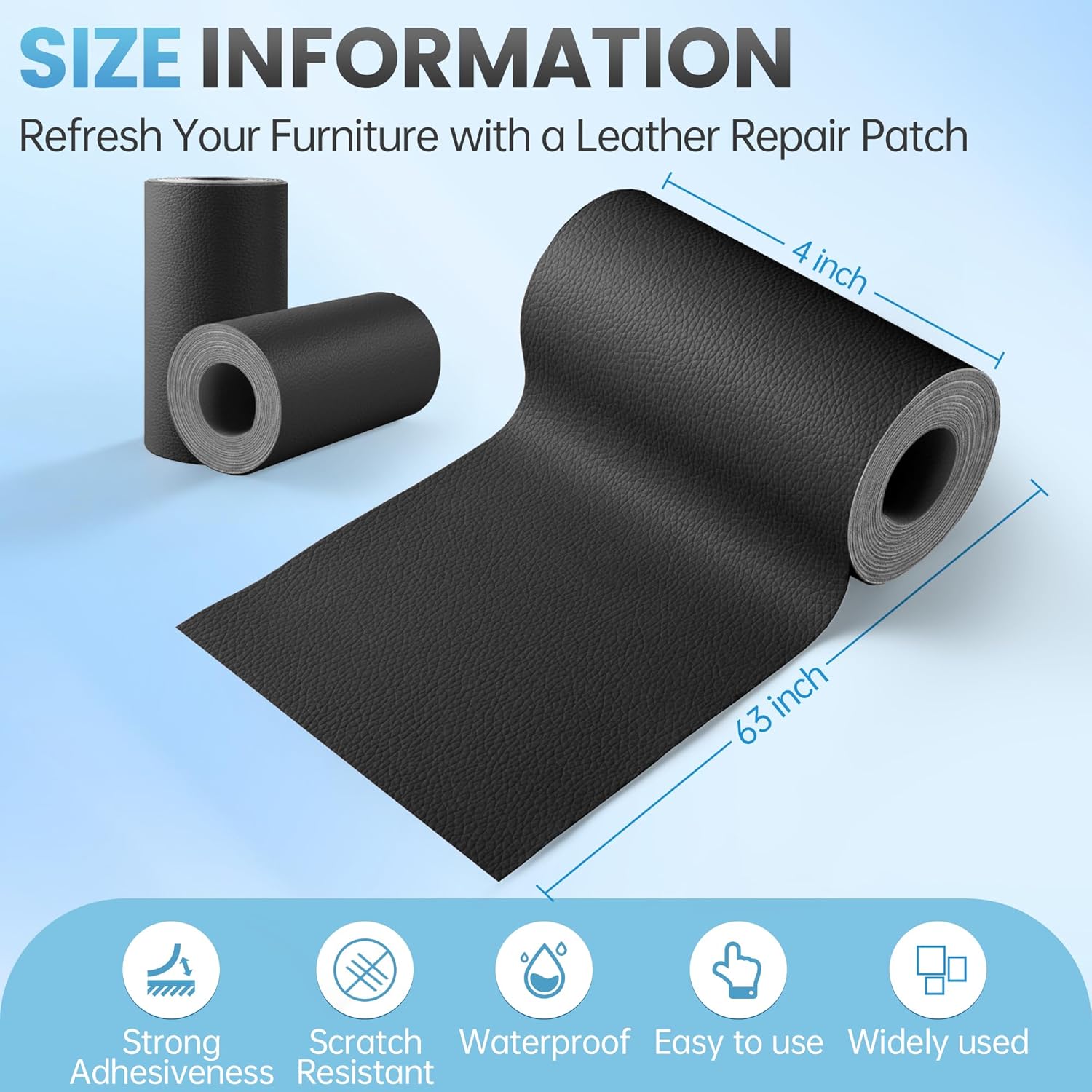 Leather Repair Patch Tape Kit, 4" x 63" Self Adhesive Leather Repair Patch for Furniture, Vinyl Leather Repair Kit for Car Seat, Chairs, Couch, Sofa, Boat Black