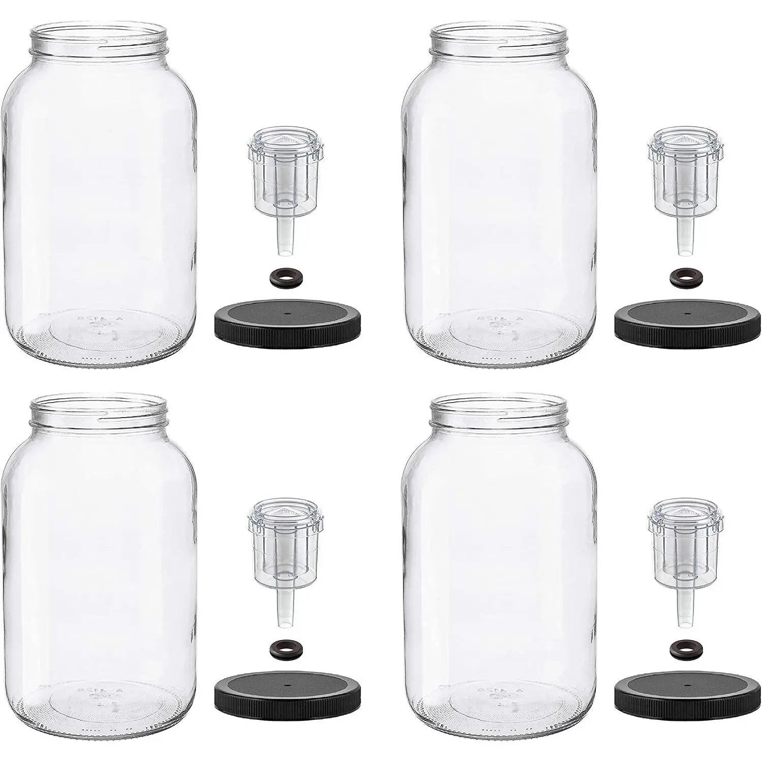 1 Gallon Wide Mouth Glass Jar with Grommeted Black Plastic Lid and 2-Piece Airlock - BPA-Free, USDA, Made in USA for Fermenting Kombucha, Case of 4