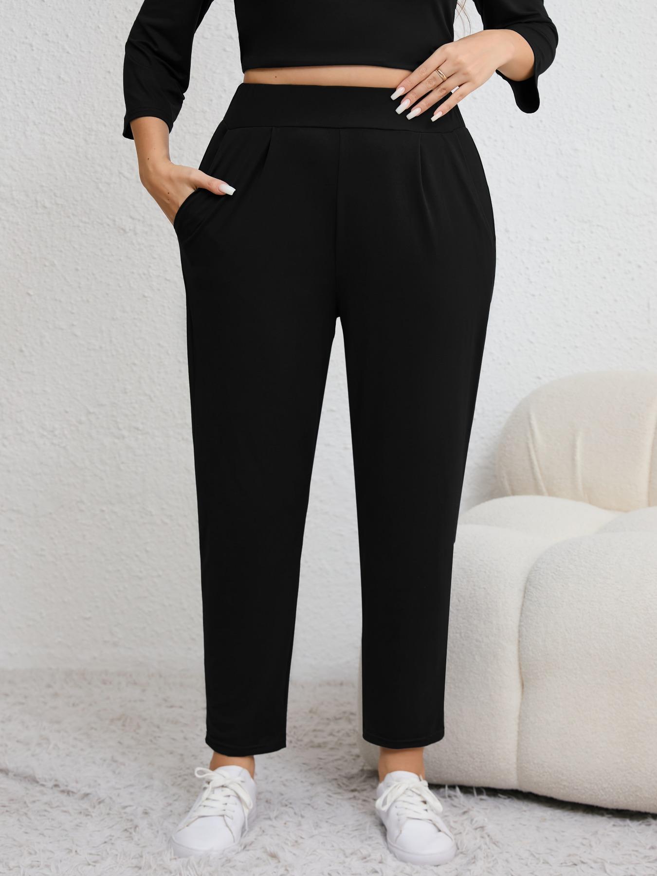 Plus Size Solid Plicated Pocket Elastic Waist Joggers, Casual Sporty High Waist Trousers for Women, Women's Sportswear for Indoor Outdoor Wear, Women Workout Clothes