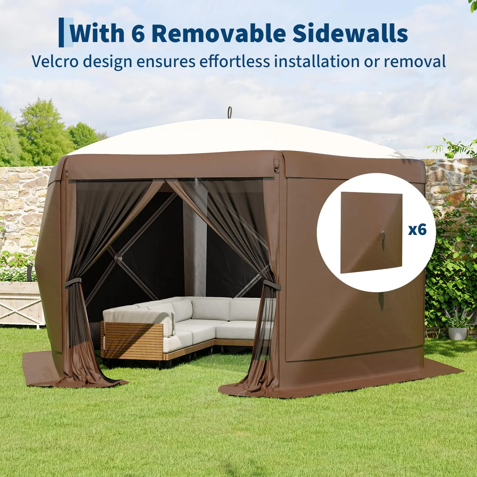 Easy Setup Collapsible Gazebo Tent – 11.5x11.5 FT 6-Sided Outdoor Canopy Shelter with Mesh Panels, Removable Wind Cloths, Mosquito Netting for Camping, Backyard, Patio, Parties, Events – Khaki Beige/Grey