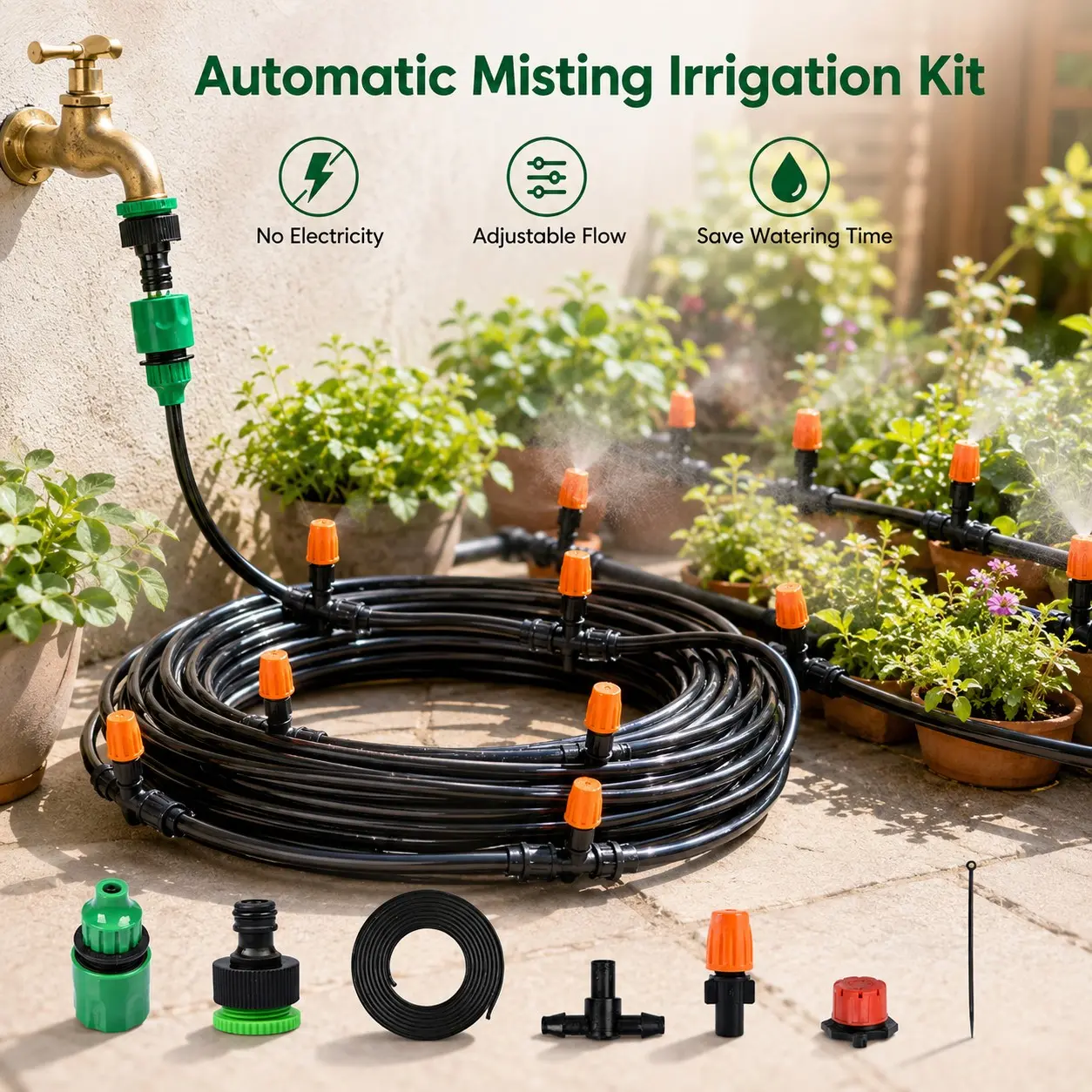 Automatic Watering Sprayer Micro Irrigation System, PVC Garden Watering Kit with Adjustable Flow Valve and Mist Nozzle, Outdoor Plant Care
