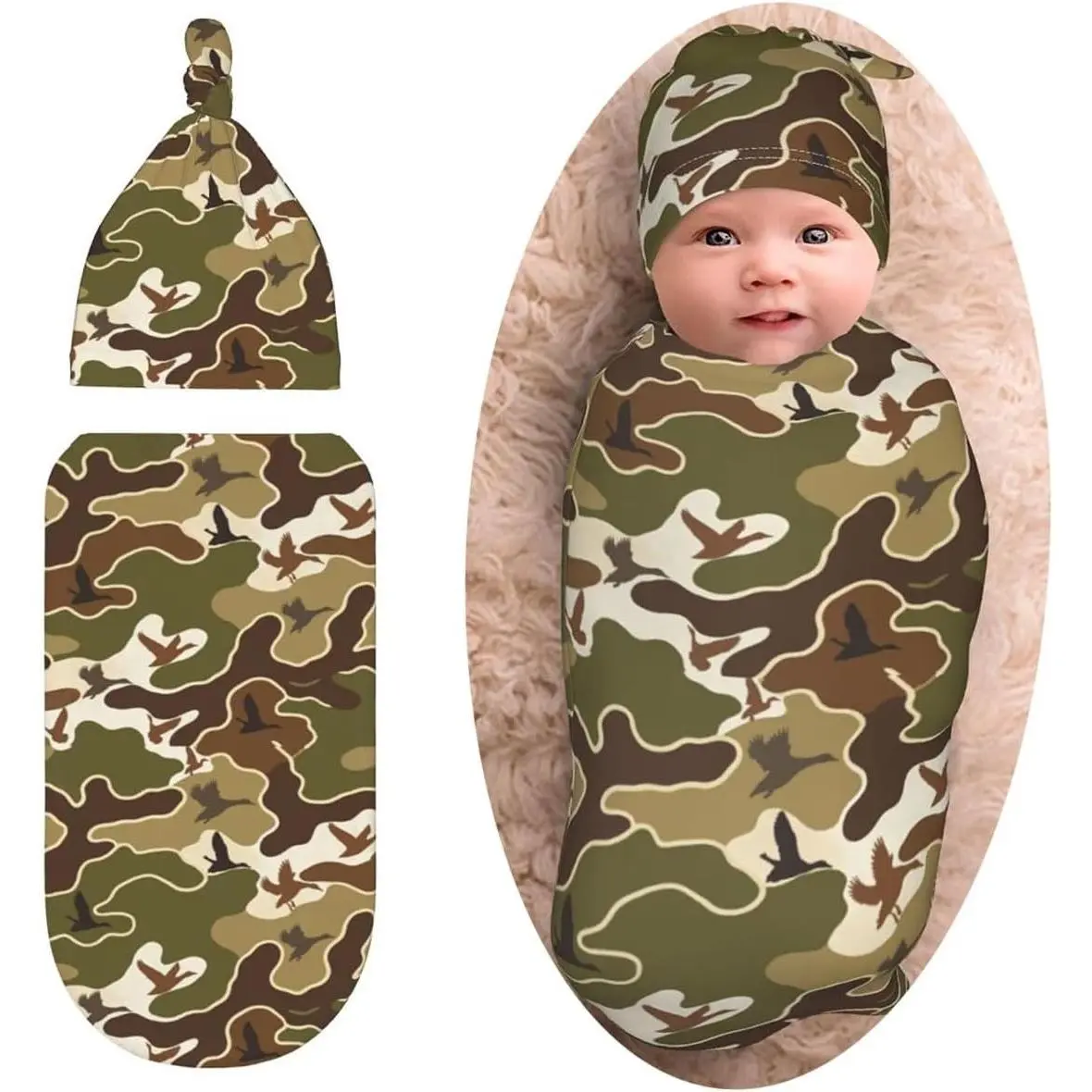 Camo Hunting Swaddle Blanket with Beanie Set, Soft and Stretchy Baby Receiving Blanket for Shower Gifts, Unisex Boy and Girl(Gift)
