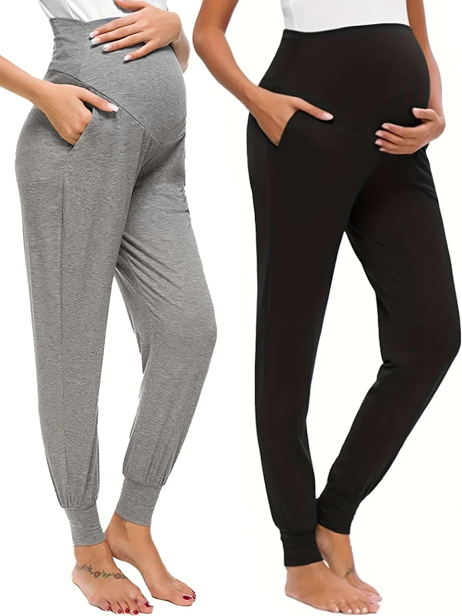 2-piece set Maternity Yoga Pants, Black & Gray, Summer Casual Versatile Sports Maternity Yoga Pants