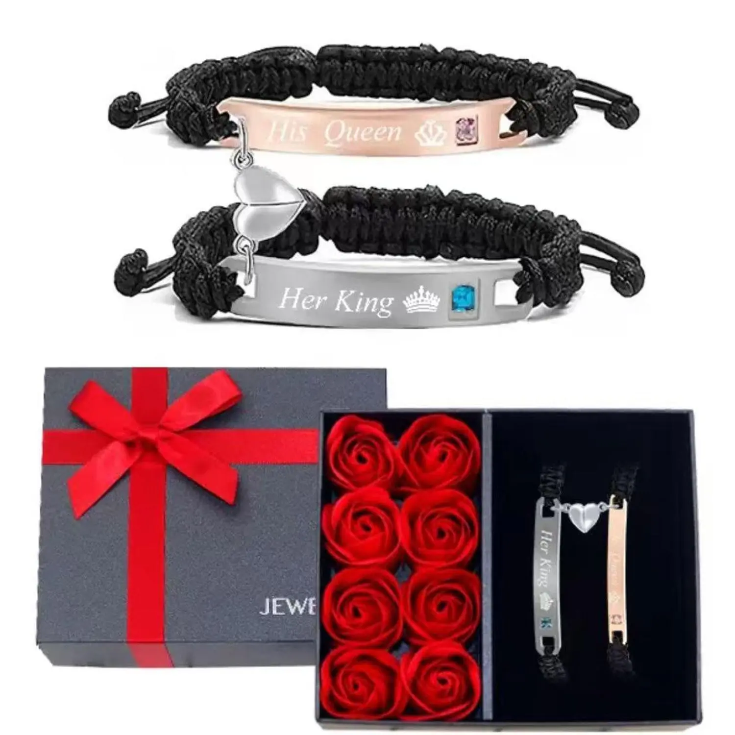 Valentine's Day Couple Symmetrical Bracelet Gift Set, Elegant Rose Box, Trendy Unisex Jewelry, Perfect for Birthdays and Graduations