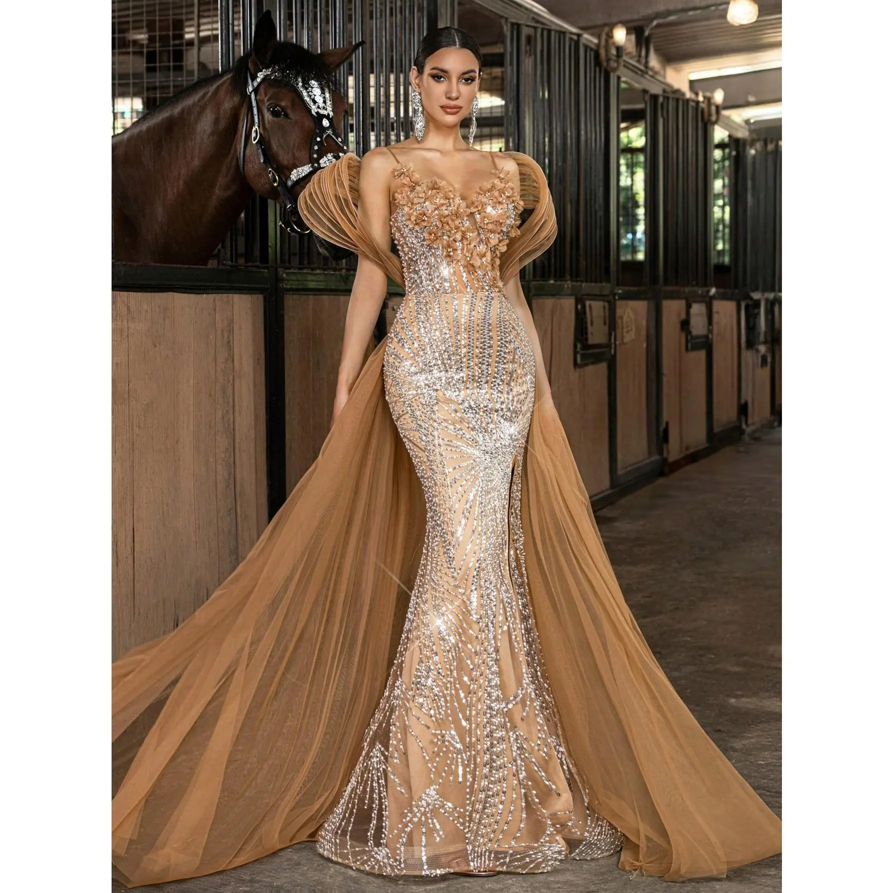 3D Floral Applique Spaghetti Strap Mermaid Gown, Side Oversize Mesh Train Beaded Formal Dress
