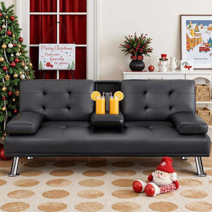 Faux Leather Convertible Futon Sofa Bed, Adjustable Recliner Couch with Cup Holders, Foldable Sleeper Sofa for Small Space, Living Room & Apartment Faux Leather Convertible Futon Sofa Bed, Adjustable Recliner Couch with Cup Holders, Foldable Sleeper Sofa for Small Space, Living Room & Apartment