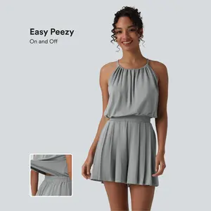 Halara Halter Sleeveless Tie-back Pleated Casual Romper with Pockets-Easy Peezy