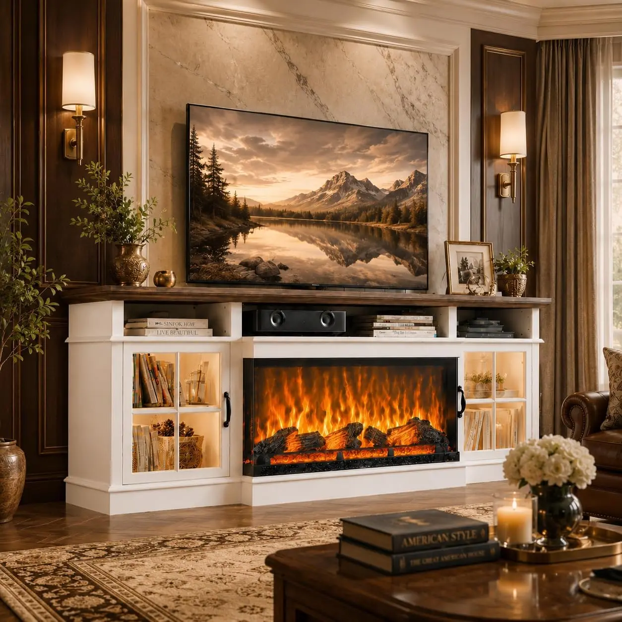 70" Fireplace TV Stand, Farmhouse TV Stand for TVs up to 80" with LED Lights, Media Entertainment Center with Glass Door for Living Room, White