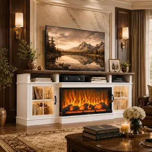 70" Fireplace TV Stand, Farmhouse TV Stand for TVs up to 80" with LED Lights, Media Entertainment Center with Glass Door for Living Room, White