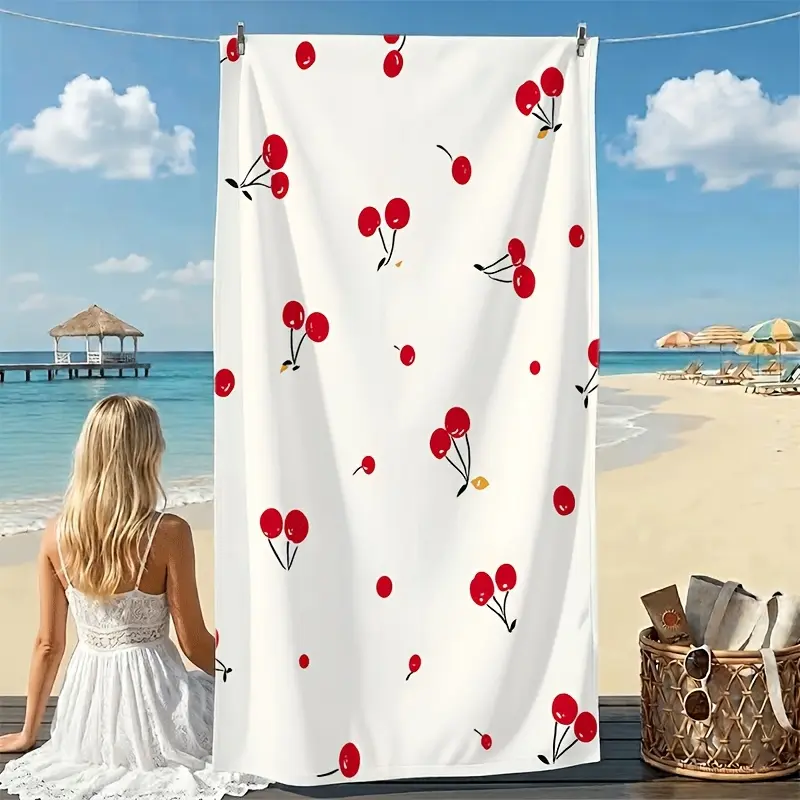 Glam Polyester Quick-Dry Microfiber Beach Towel - Red Cherry & White Fruit Patterns, Sand-Free, Lightweight, Large Bath Towel for Women Aesthetic Lovers, Summer Holiday, Birthday Gift