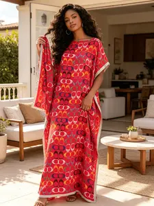 New Women's 2 Piece Red Multicolor Link Geometric Print Kaftan Maxi Dress with Matching Scarf, Silky Loose Satin Robe, Plus Size Friendly, Beach Cover Up, Resort Vacation & Evening Party Wear