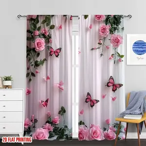 2 Piece Butterfly Floral Print Curtains, Semi-Transparent Polyester, Fashion Rod Pocket Window Drapes for Bedroom and Living Room