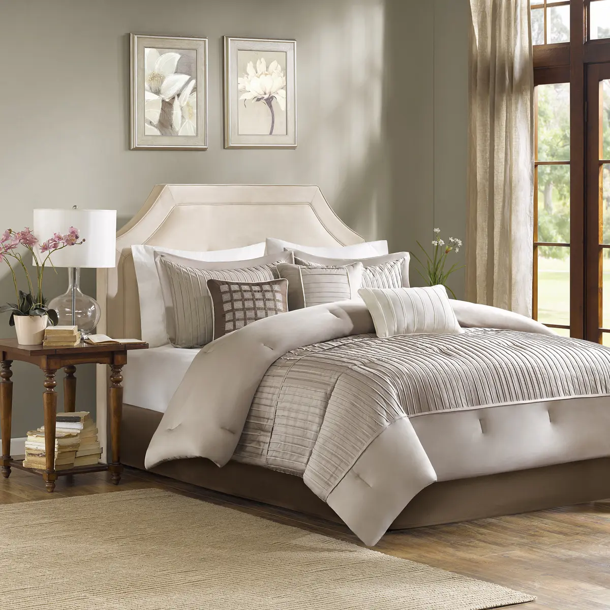ARCH 7 Piece Polyester Charmeuse Comforter Set Taupe Queen Size Bedding Set with Soft Silky Feel, Lightweight All-Season Down Alternative Comforter, Pillow Shams, Decorative Pillows, Bed Skirt for Master Bedroom Guest Room, Home Furniture and