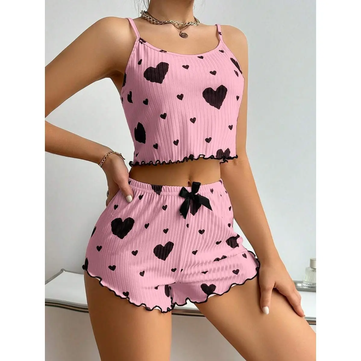 New Summer Thin Pajamas Solid Color Polyester Leisure Suit Homewear Set Sling Shorts Ladies