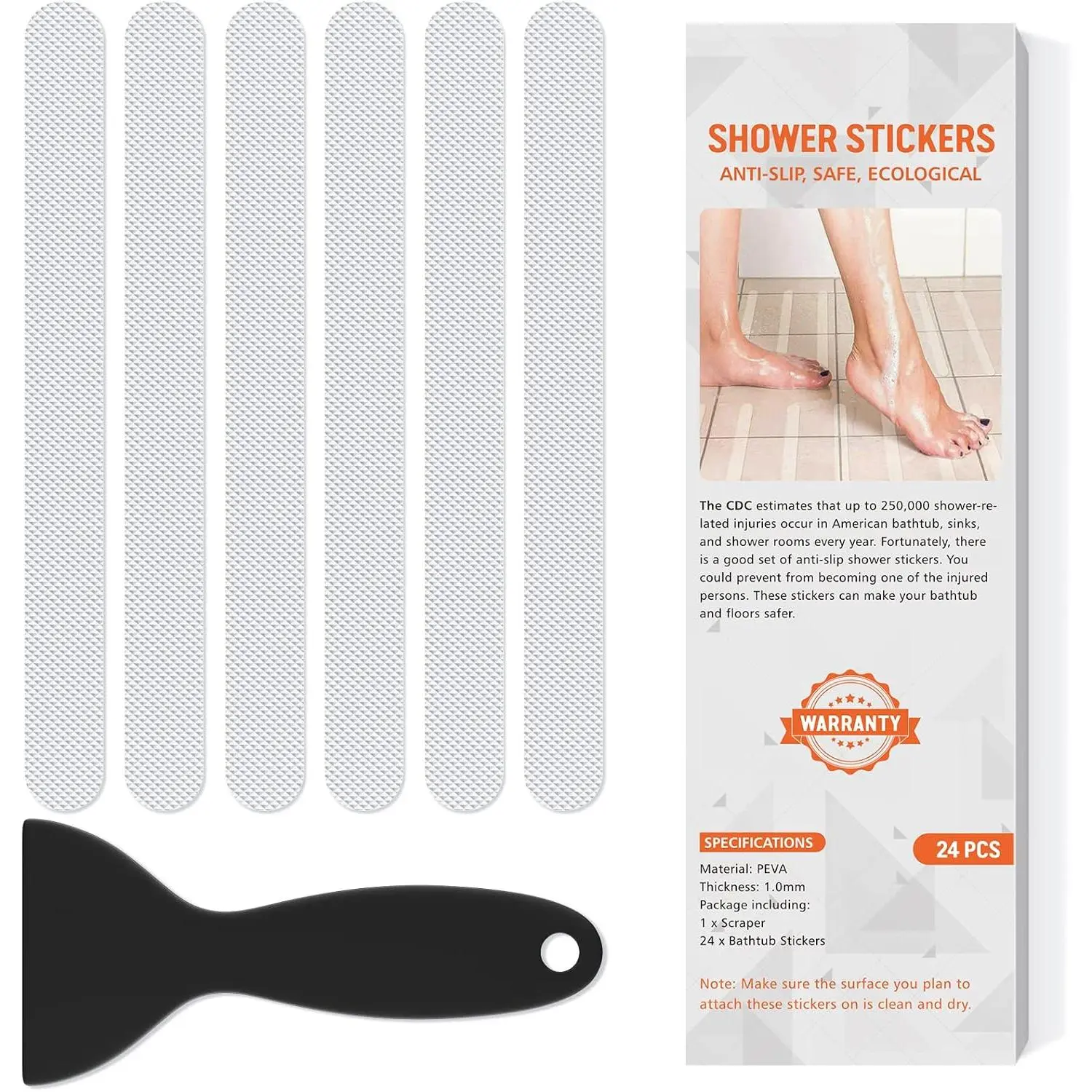 Non Slip Bathtub Stickers, 24 count Shower Stickers for Safety Bathroom Tubs, Bathtub Non Slip Stickers and Adhesive  Scraper for Bath Tub, Shower Floor, Stairs, Ladders(Clear)