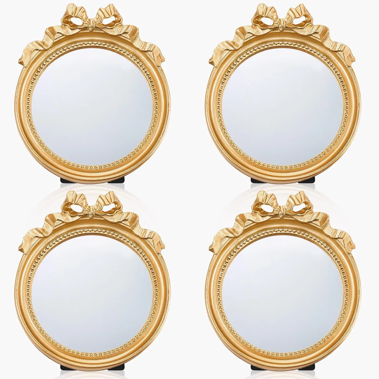 Threehoney 4 Pack Small Vintage Wall Mirror 4.1" Gold Bow Desk Mirror Decorative Round Makeup Mirrors with Resin Frame for Bedroom, Bathroom, Table Decoration